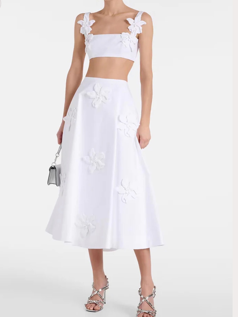 Fashion Pioneer White 3D Flowers Embroidery Crop Top Long Flare Skirt Co-ord